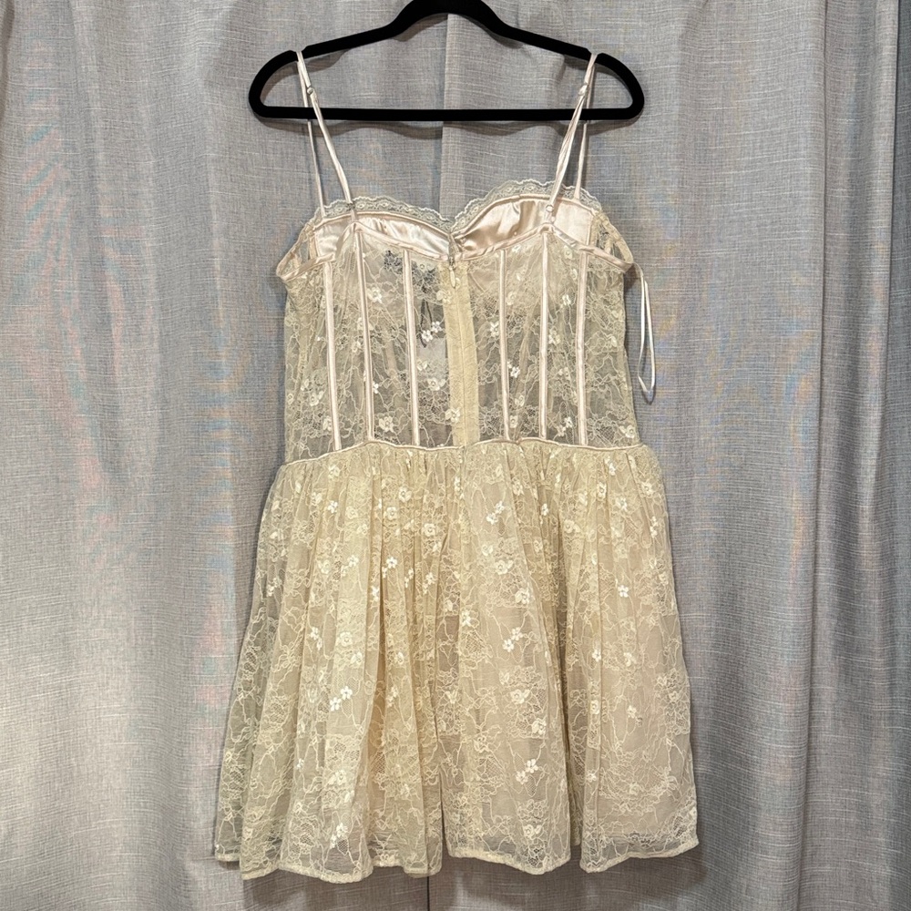 NWT AKIRA Brunchin Lace Mini Dress-Sz 1X-Cream Floral Overlay-Sheer Corset Top - Picture 4 of 15